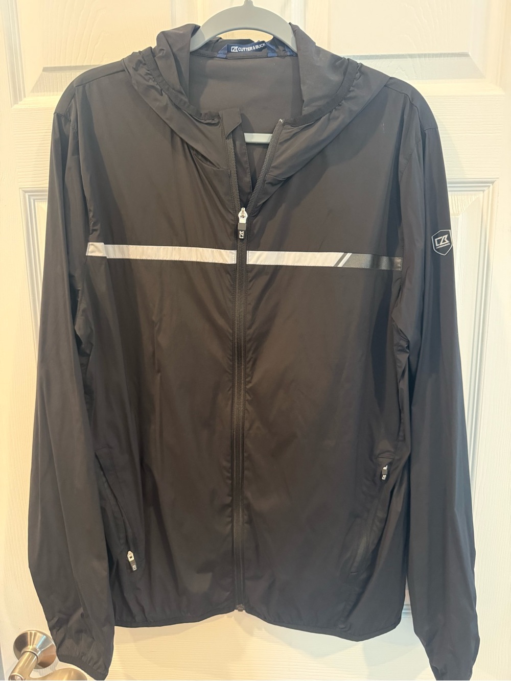 Cutter & Buck Black Hooded Reflective-Strip Windbreaker